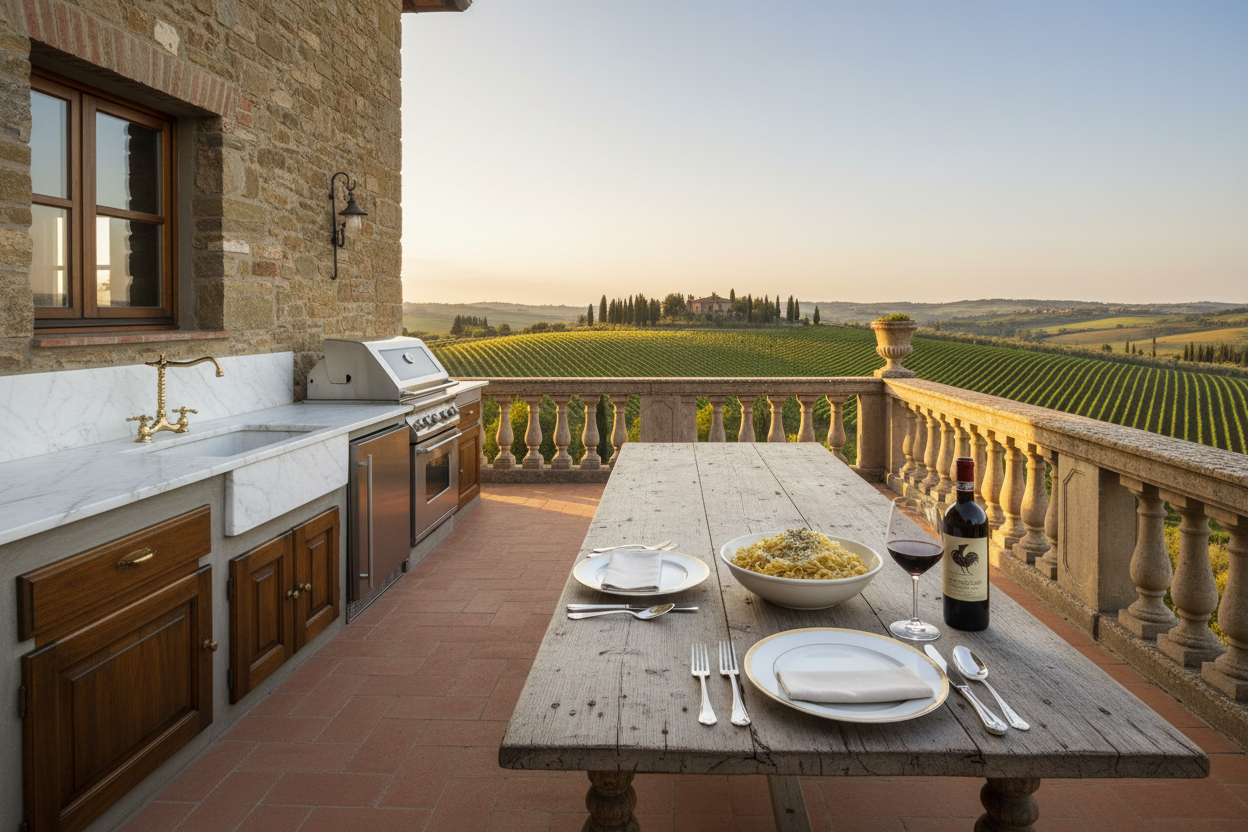 tuscan countryside from a terrace overlooking a vineyard you have a luxury kitchen on one side of hte photo and a table with pasta on the other side. Include place settings, silverware, red wine and a bottle of chianti classico